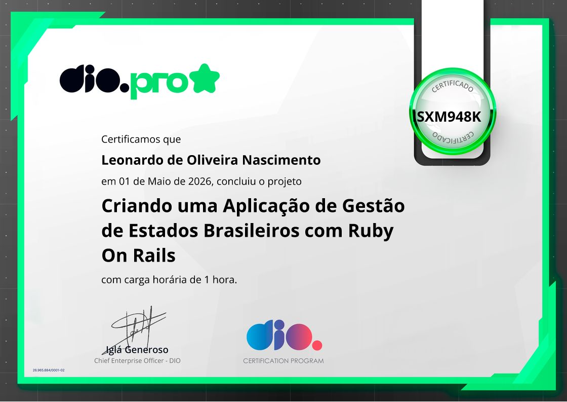 certificate of Criando uma Aplicação de Gestão de Estados Brasileiros com Ruby On Rails