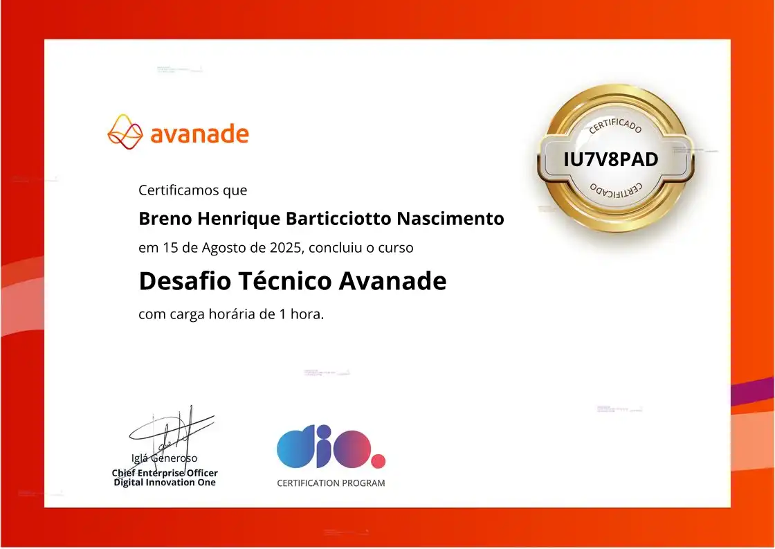 certificate of Desafio Técnico Avanade