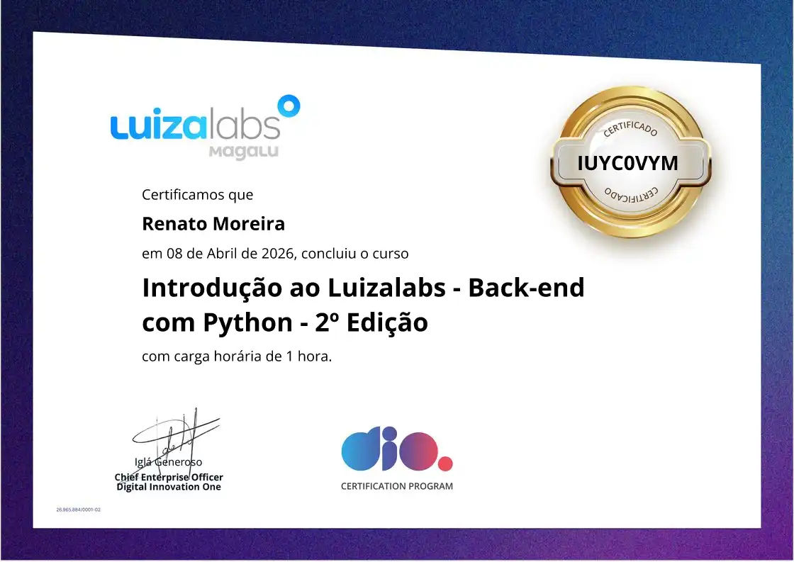 certificate of Introdução ao Luizalabs - Back-end com Python - 2º Edição