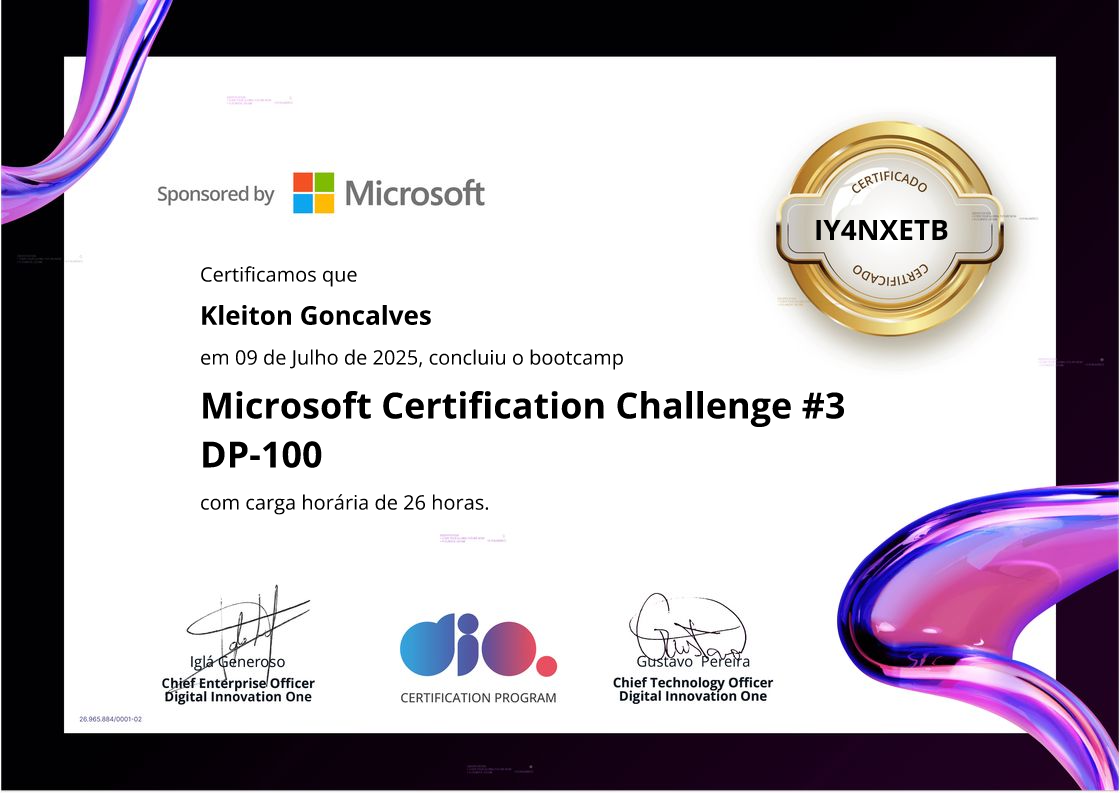 certificate of Microsoft Certification Challenge #3 DP-100