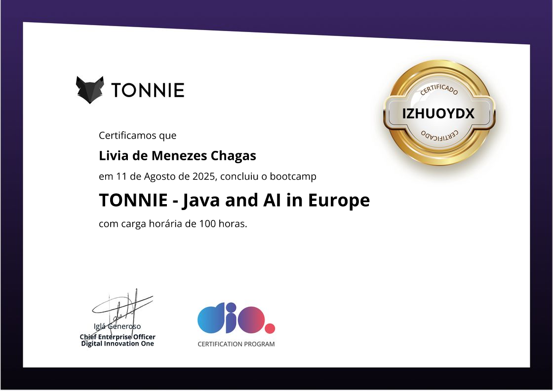 certificate of TONNIE - Java and AI in Europe