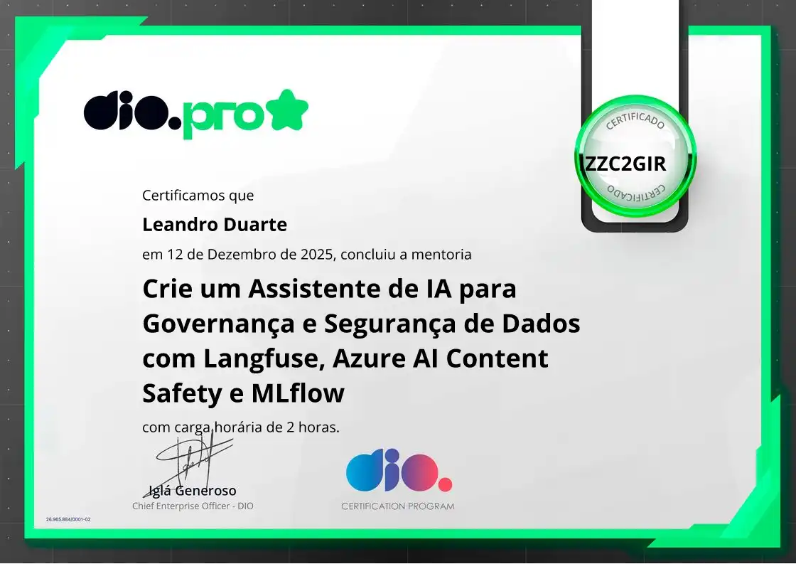 certificate of Crie um Assistente de IA para Governança e Segurança de Dados com Langfuse, Azure AI Content Safety e MLflow