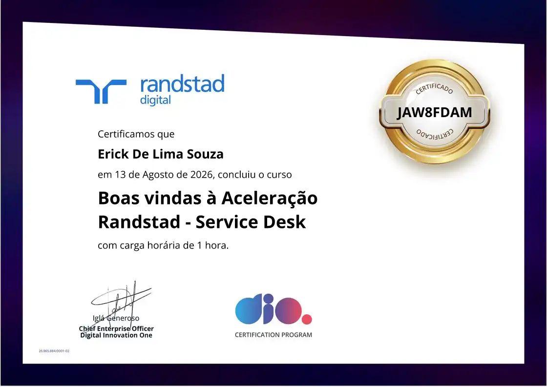 certificate of Boas vindas à Aceleração Randstad - Service Desk