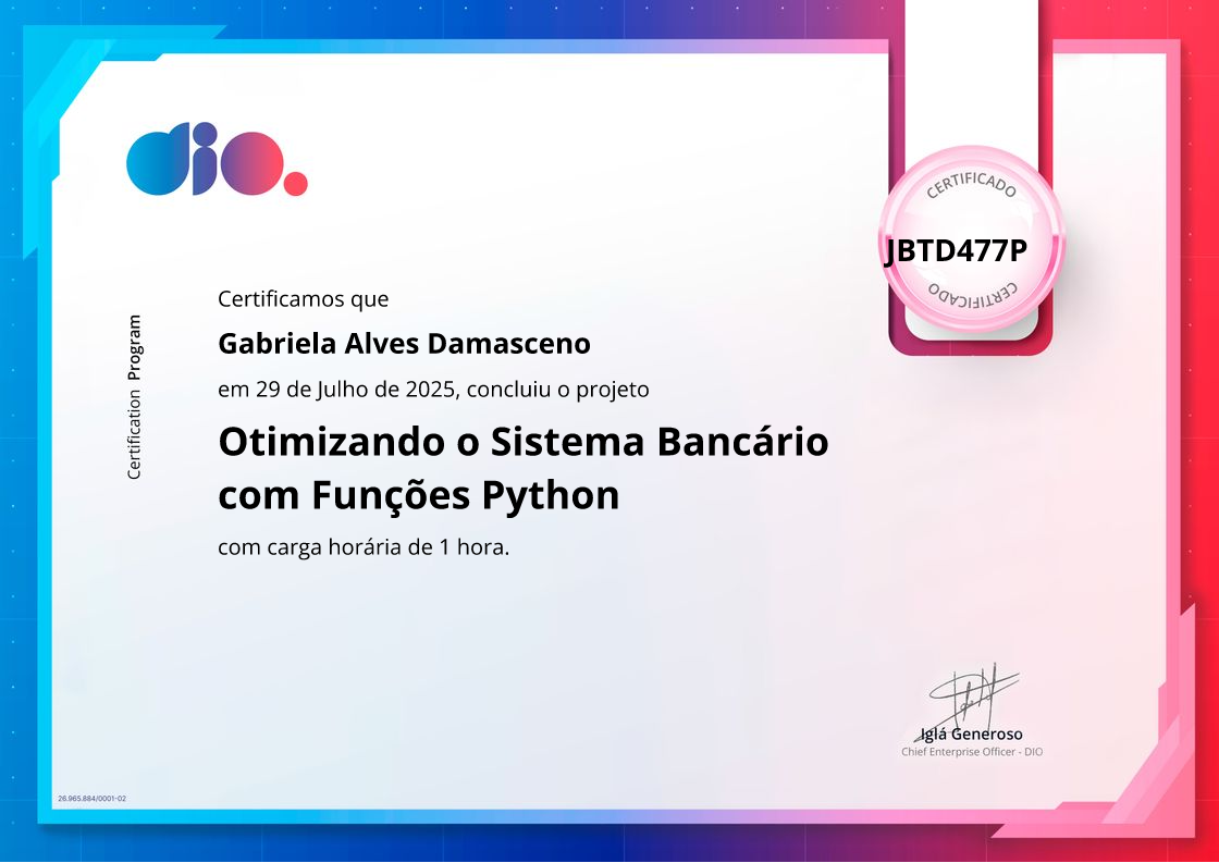 certificate of Otimizando o Sistema Bancário com Funções Python