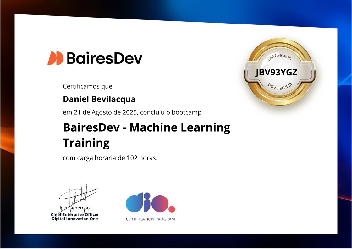 certificate of BairesDev - Machine Learning Training
