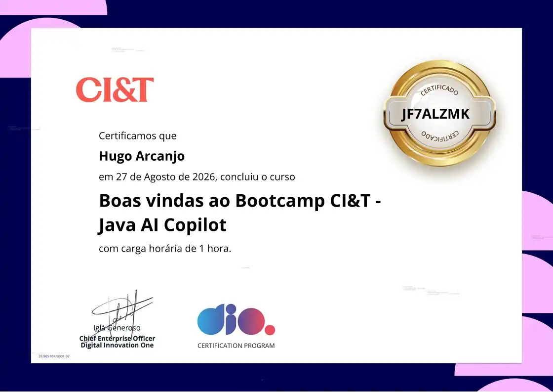 certificate of Boas vindas ao Bootcamp CI&T - Java AI Copilot