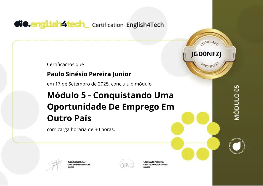certificate of Módulo 5 - Conquistando Uma Oportunidade De Emprego Em Outro País