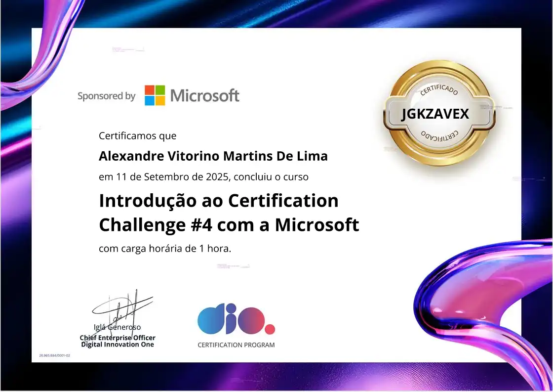 certificate of Introdução ao Certification Challenge #4 com a Microsoft