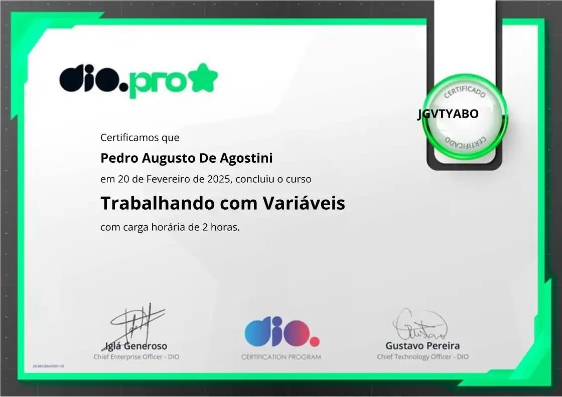 certificate of Trabalhando com Variáveis