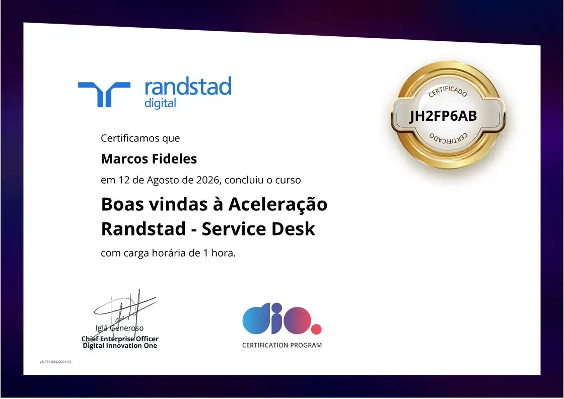 certificate of Boas vindas à Aceleração Randstad - Service Desk