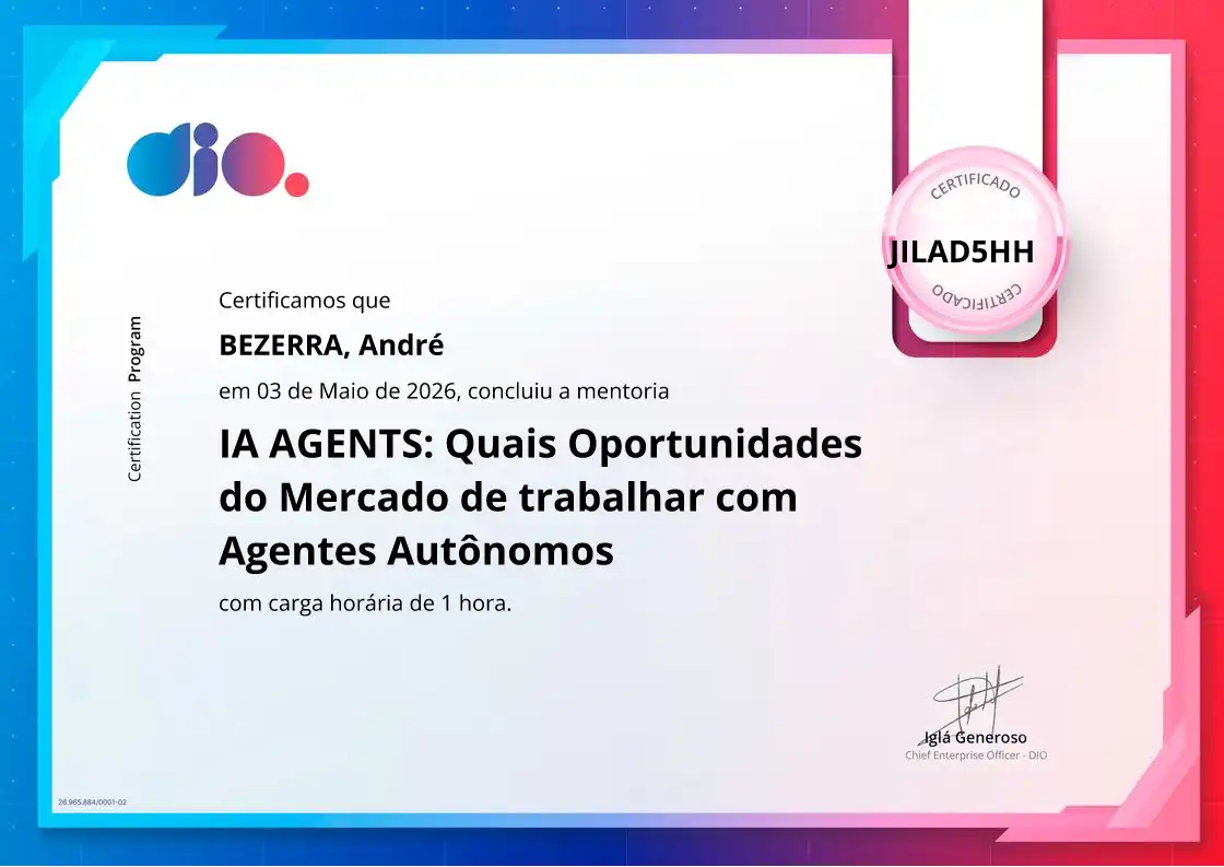 certificate of IA AGENTS: Quais Oportunidades do Mercado de trabalhar com Agentes Autônomos