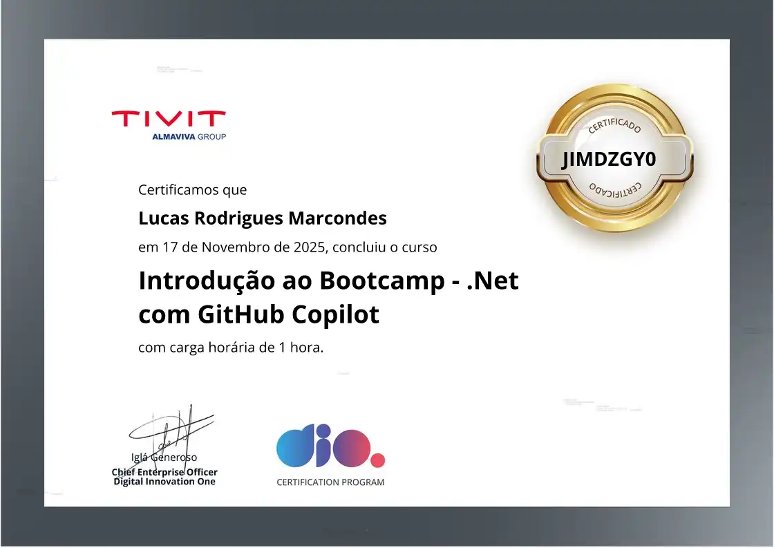 certificate of Introdução ao Bootcamp - .Net com GitHub Copilot
