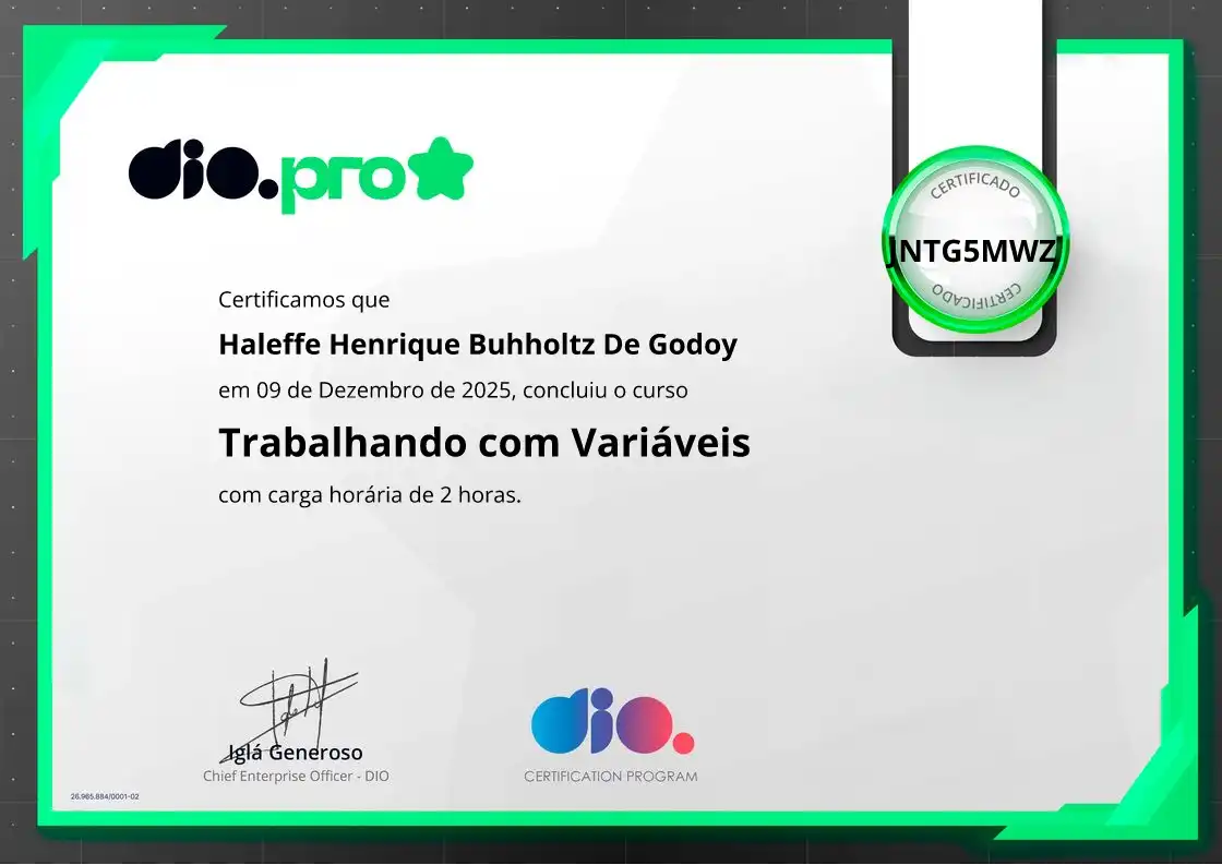 certificate of Trabalhando com Variáveis