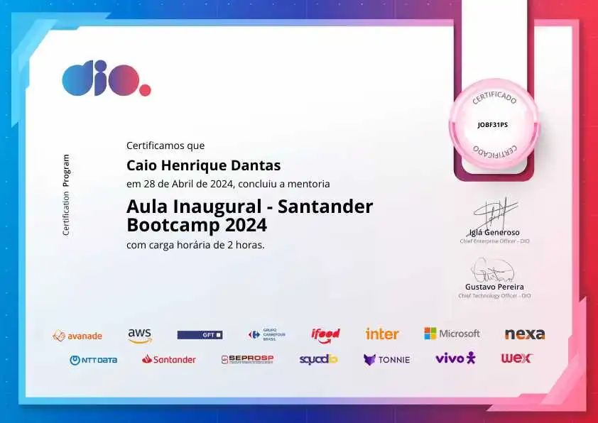 certificate of Aula Inaugural - Santander Bootcamp 2024