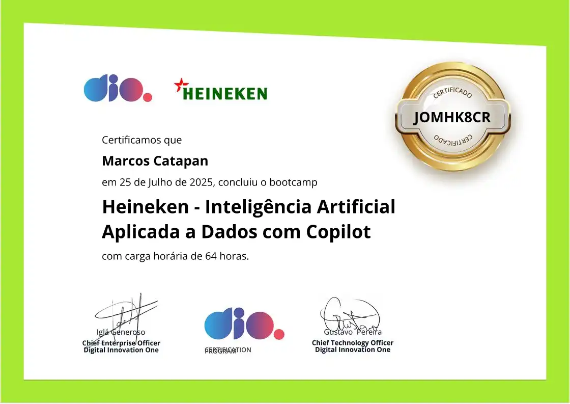 certificate of Heineken - Inteligência Artificial Aplicada a Dados com Copilot