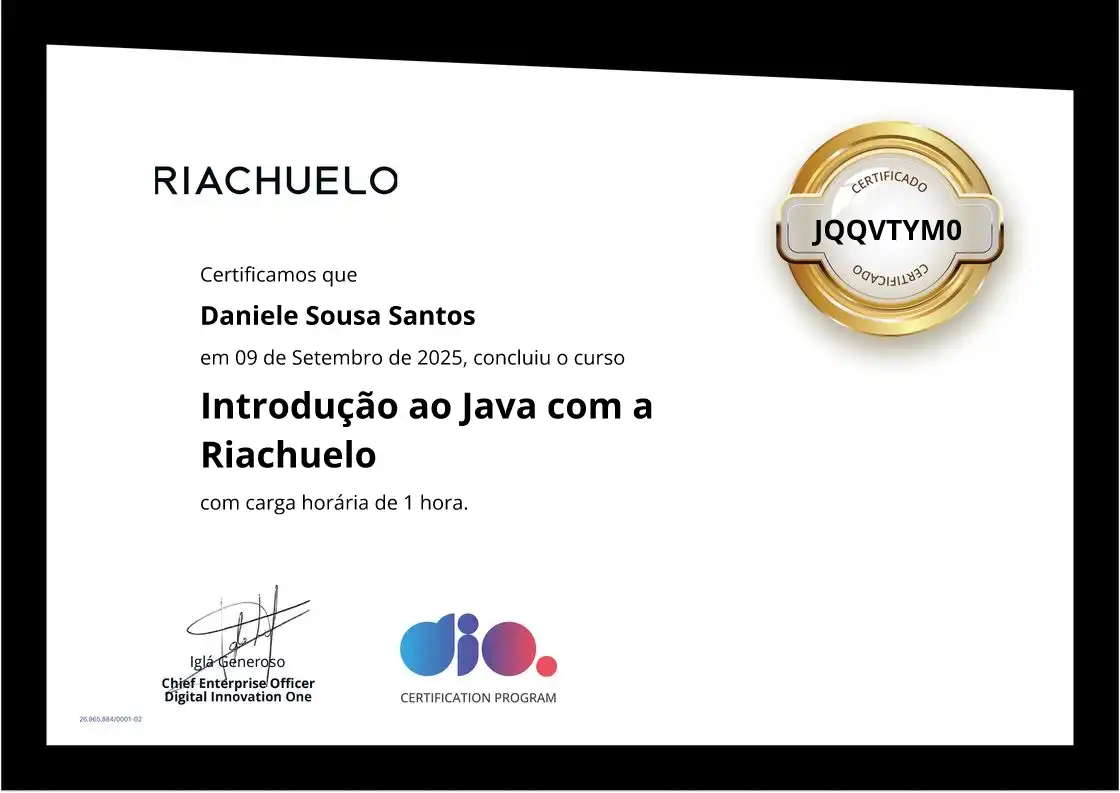 certificate of Introdução ao Java com a Riachuelo