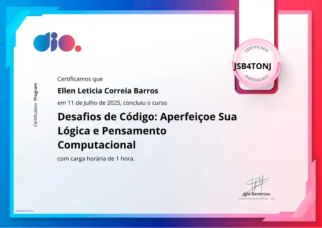 certificate of Desafios de Código: Aperfeiçoe Sua Lógica e Pensamento Computacional