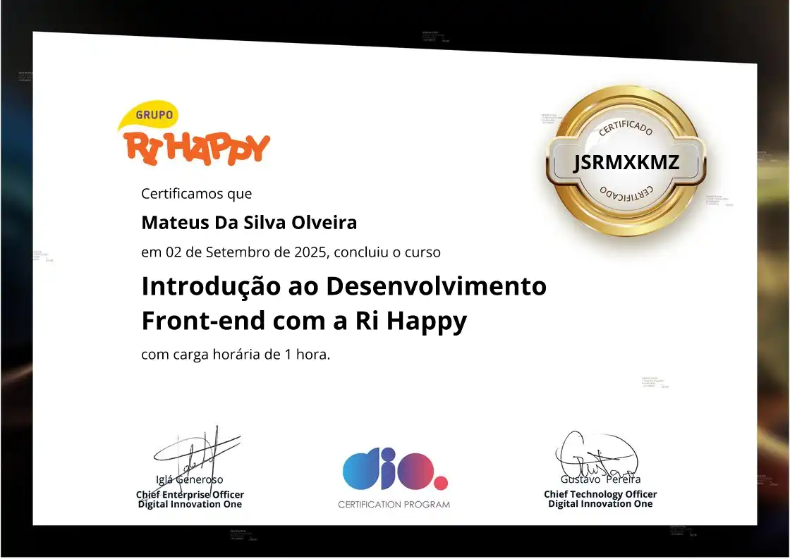 certificate of Introdução ao Desenvolvimento Front-end com a Ri Happy
