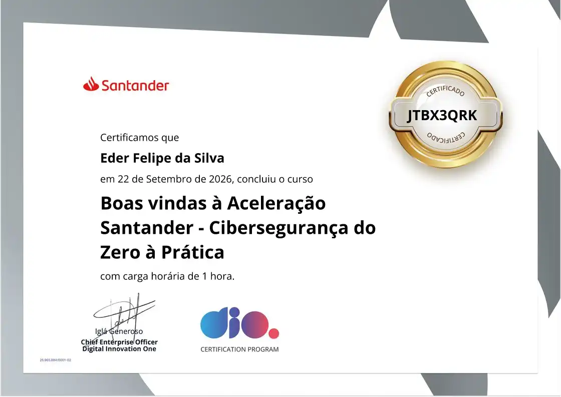 certificate of Boas vindas à Aceleração Santander - Cibersegurança do Zero à Prática