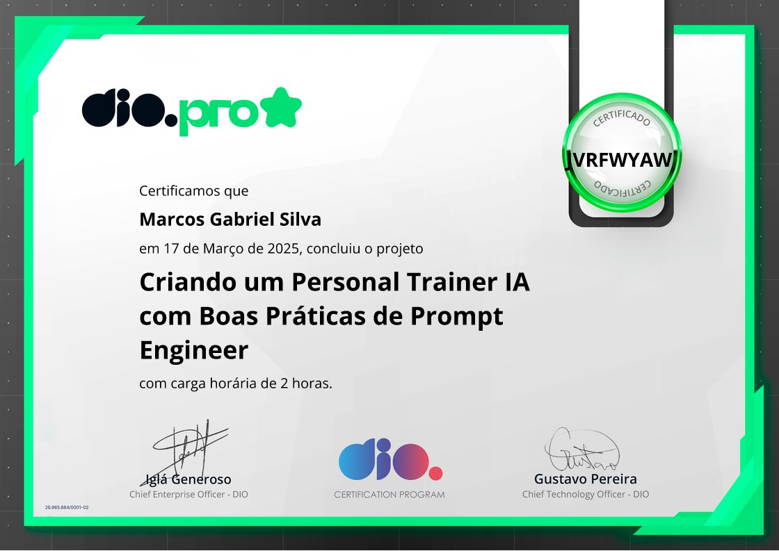 certificate of Criando um Personal Trainer IA com Boas Práticas de Prompt Engineer