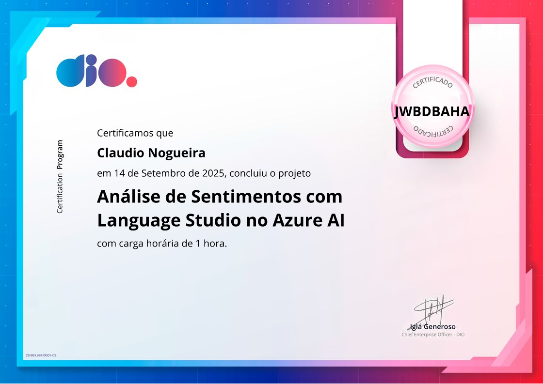 certificate of Análise de Sentimentos com Language Studio no Azure AI