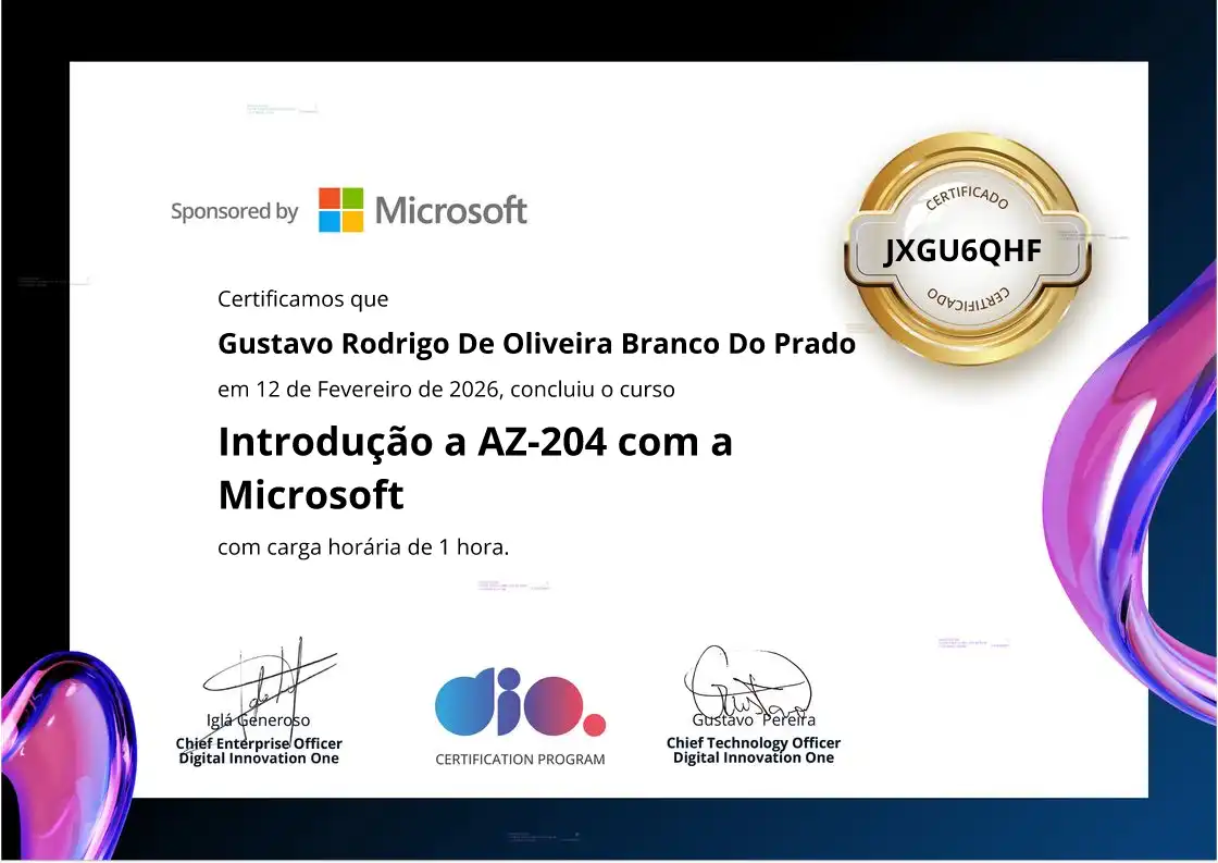 certificate of Introdução a AZ-204 com a Microsoft