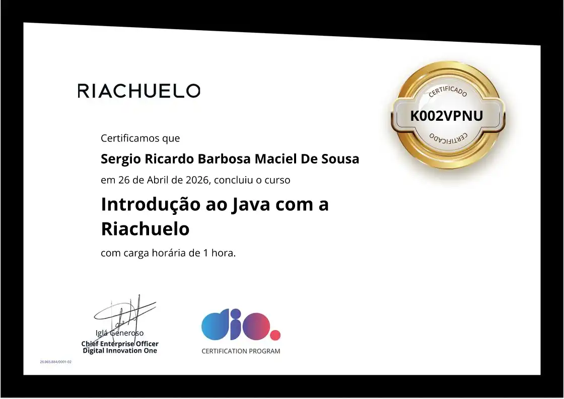 certificate of Introdução ao Java com a Riachuelo