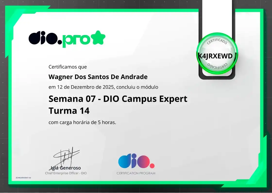 certificate of Semana 07 - DIO Campus Expert Turma 14