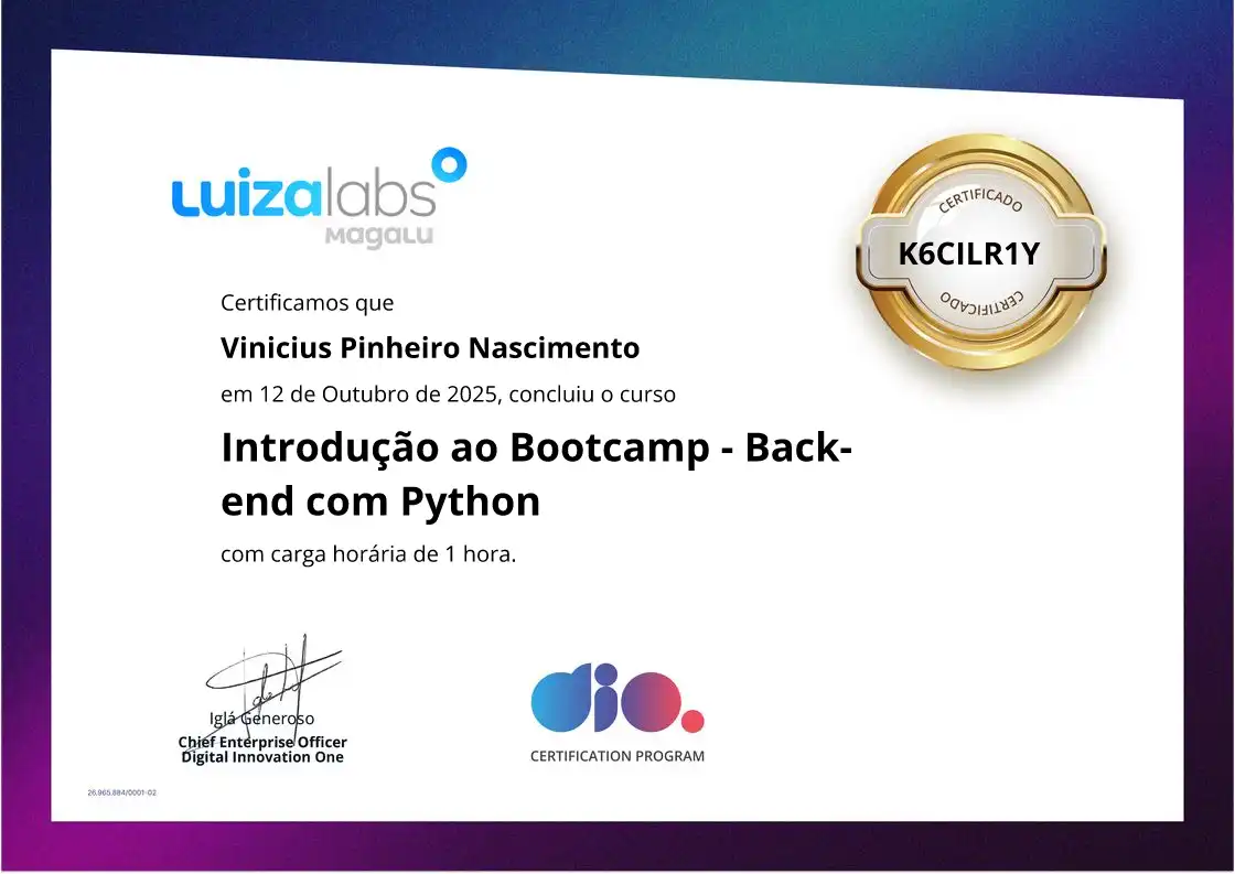 certificate of Introdução ao Bootcamp - Back-end com Python