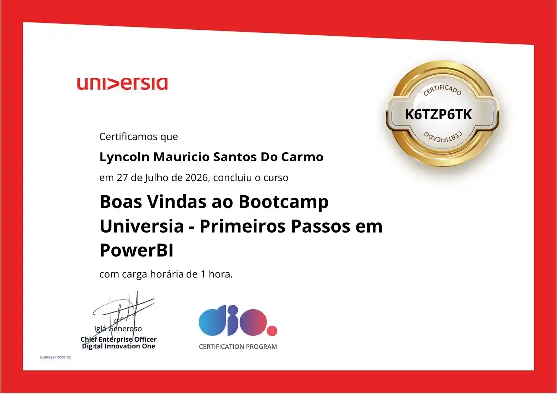 certificate of Boas Vindas ao Bootcamp Universia - Primeiros Passos em PowerBI