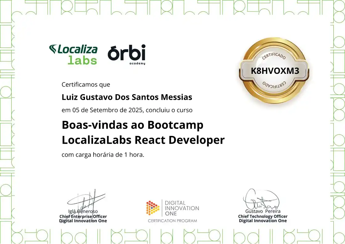 certificate of Boas-vindas ao Bootcamp LocalizaLabs React Developer