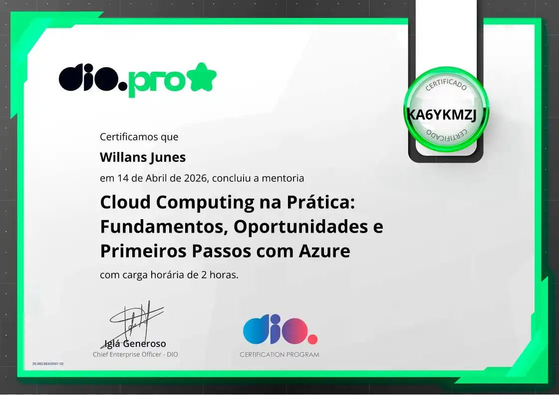 certificate of Cloud Computing na Prática: Fundamentos, Oportunidades e Primeiros Passos com Azure