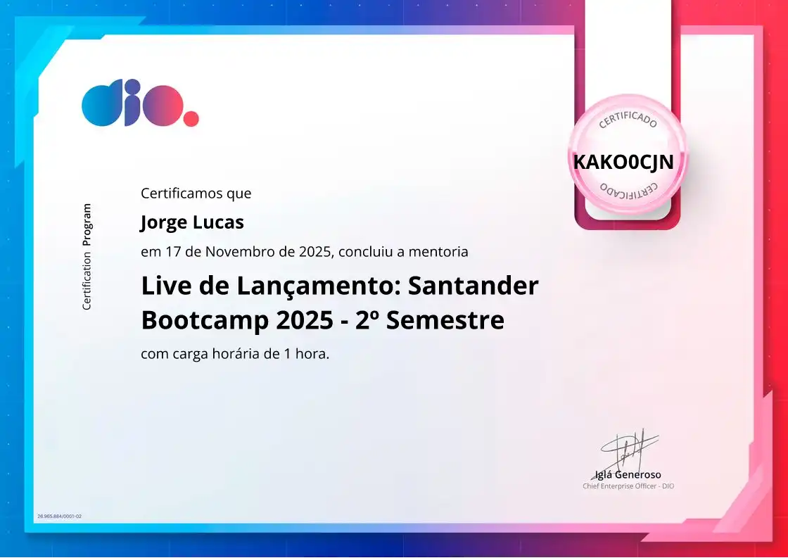 certificate of Live de Lançamento: Santander Bootcamp 2025 - 2º Semestre