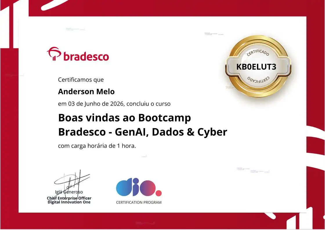 certificate of Boas vindas ao Bootcamp Bradesco - GenAI, Dados & Cyber