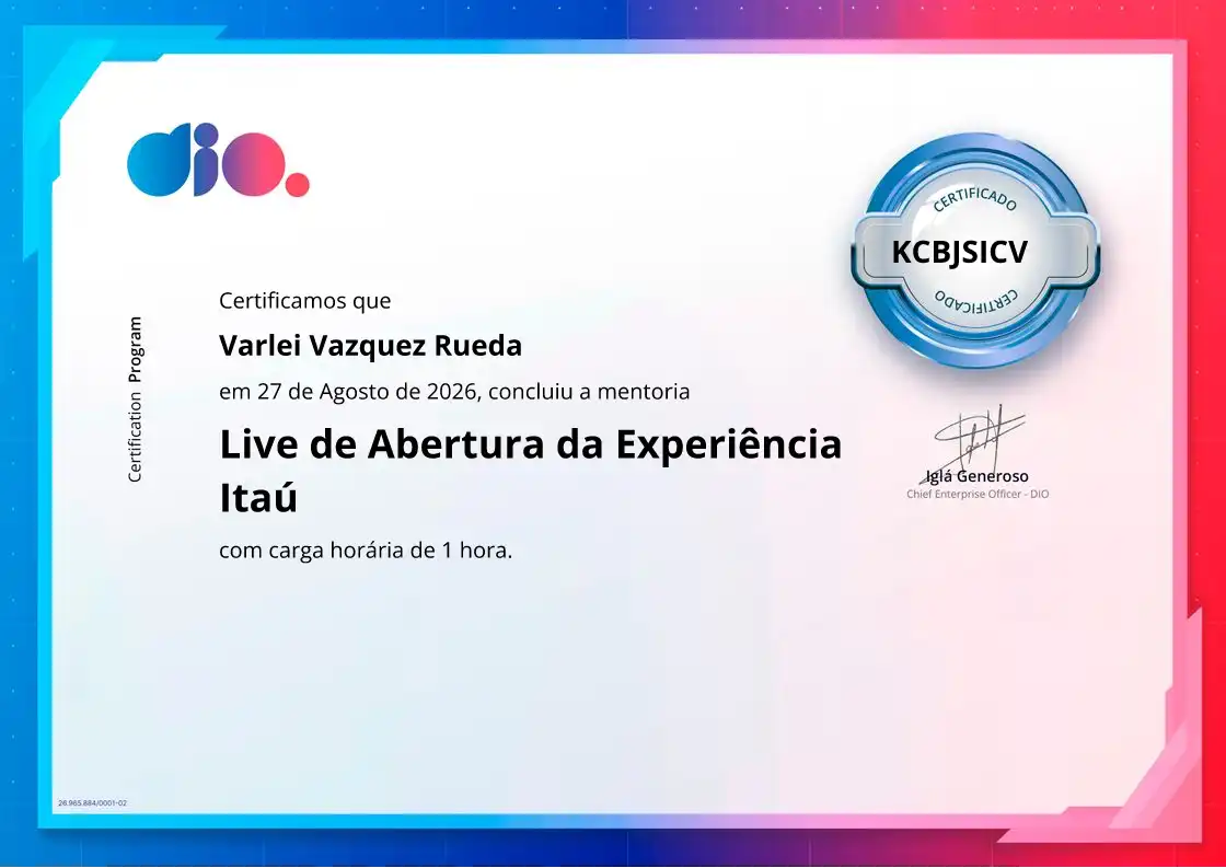 certificate of Live de Abertura da Experiência Itaú