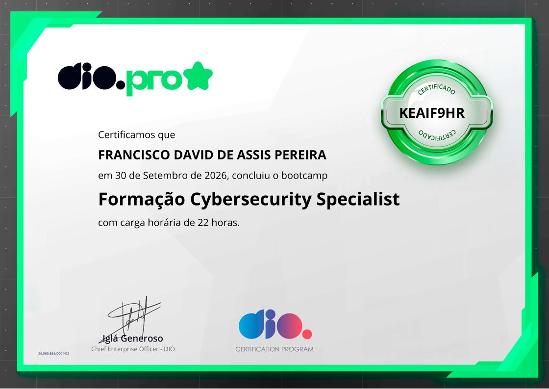 certificate of Formação Cybersecurity Specialist