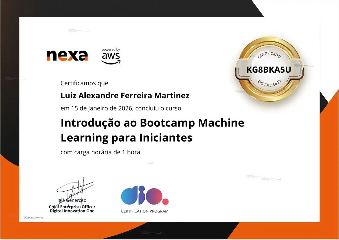 certificate of Introdução ao Bootcamp Machine Learning para Iniciantes