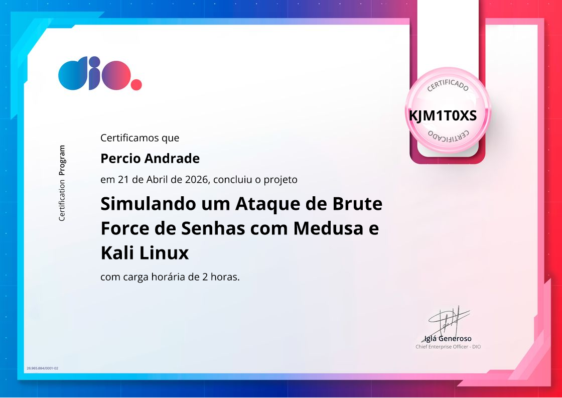 certificate of Simulando um Ataque de Brute Force de Senhas com Medusa e Kali Linux