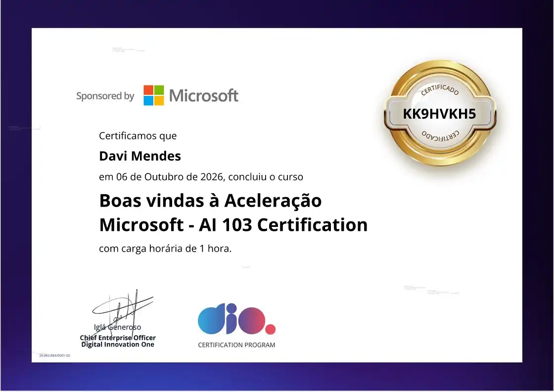 certificate of Boas vindas à Aceleração Microsoft  - AI 103 Certification