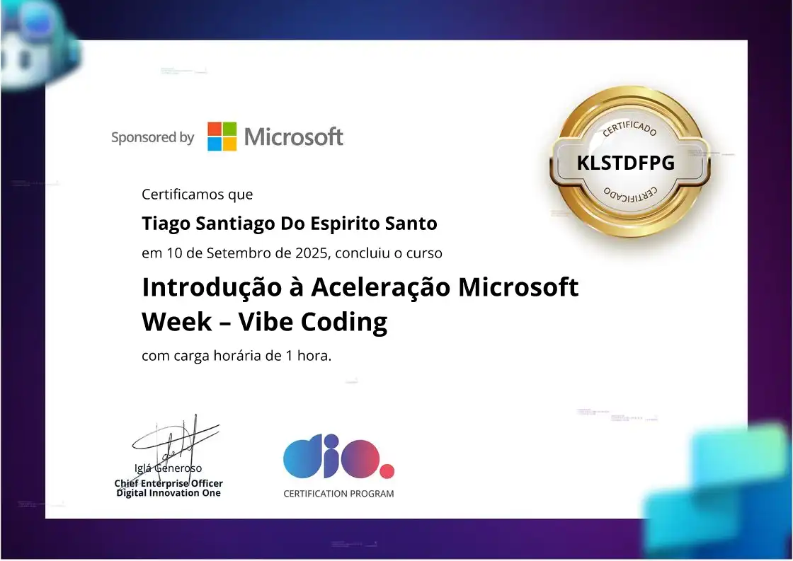 certificate of Introdução à Aceleração Microsoft Week – Vibe Coding