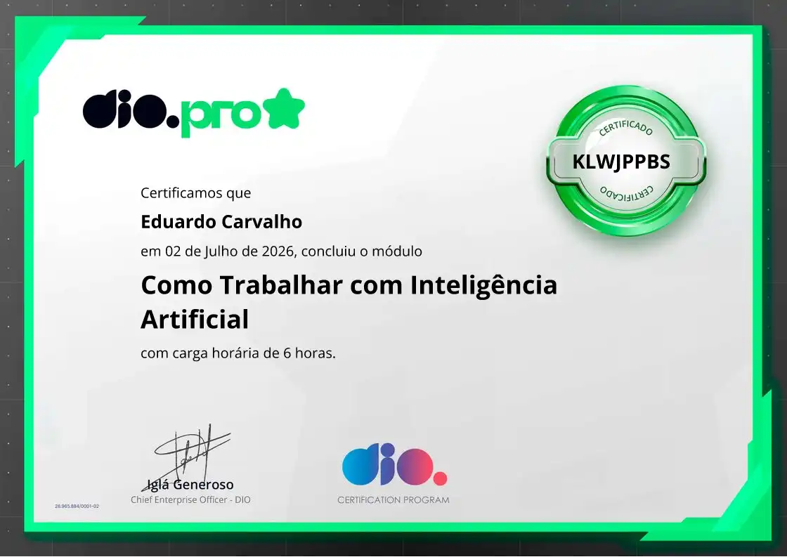 certificate of Como Trabalhar com Inteligência Artificial