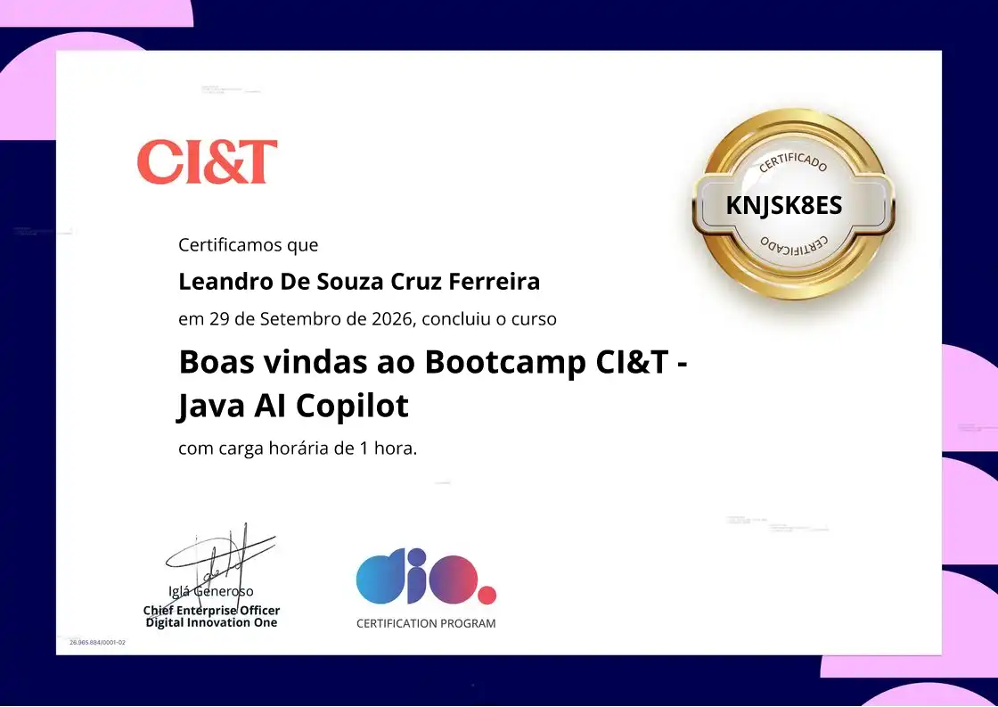certificate of Boas vindas ao Bootcamp CI&T - Java AI Copilot
