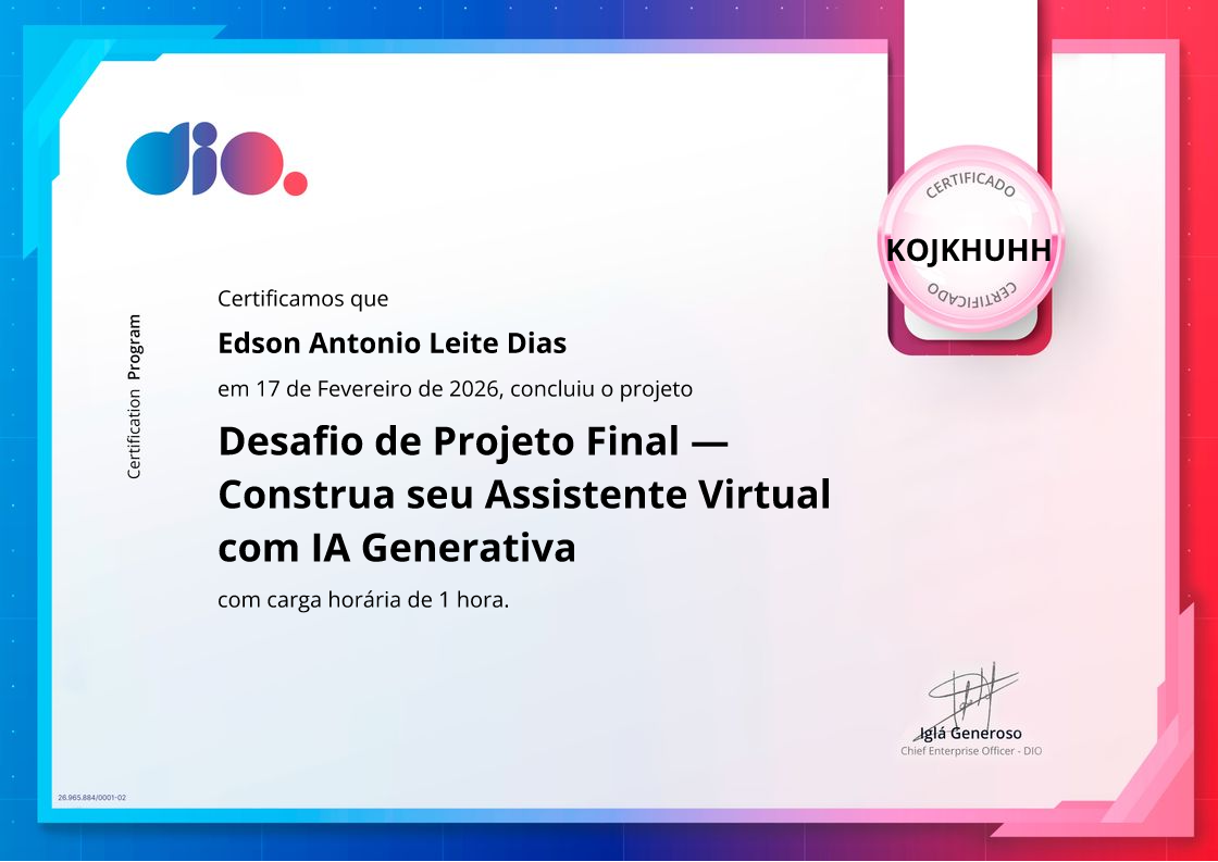 certificate of Desafio de Projeto Final — Construa seu Assistente Virtual com IA Generativa