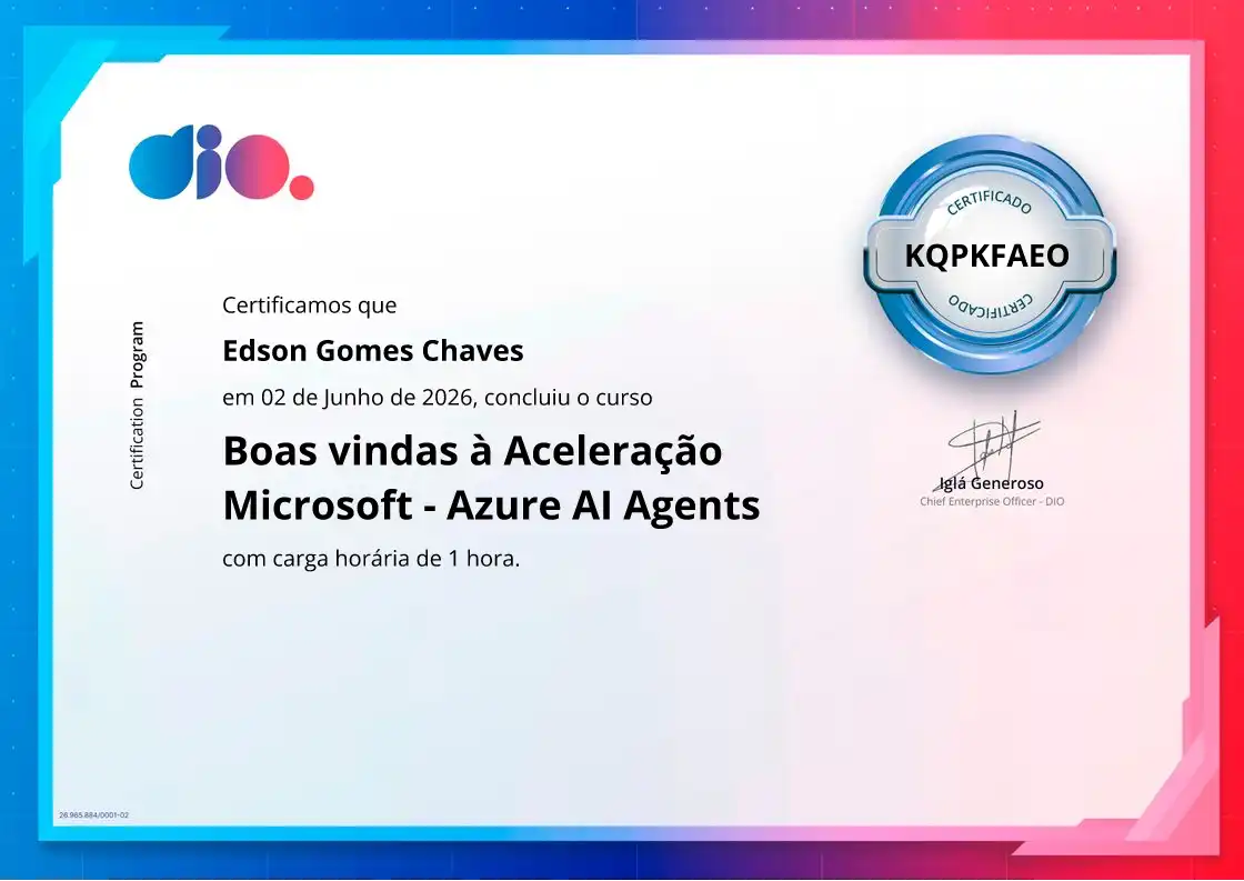 certificate of Boas vindas à Aceleração Microsoft - Azure AI Agents