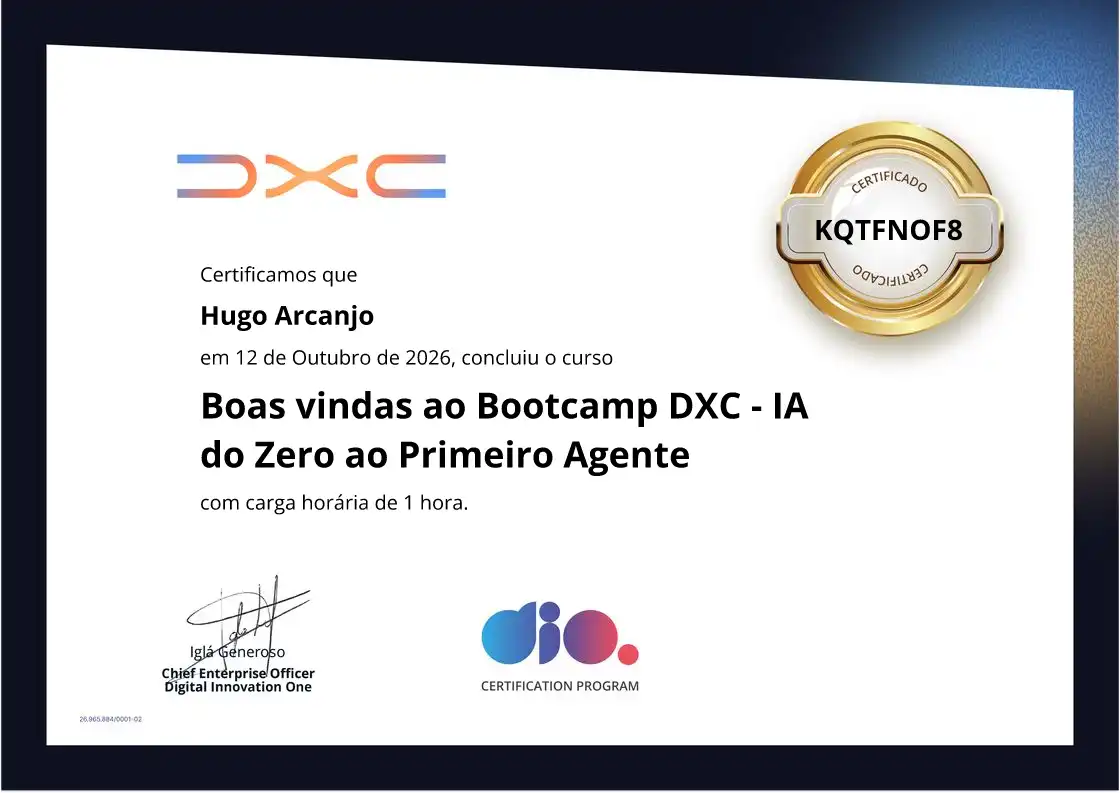 certificate of Boas vindas ao Bootcamp DXC - IA do Zero ao Primeiro Agente