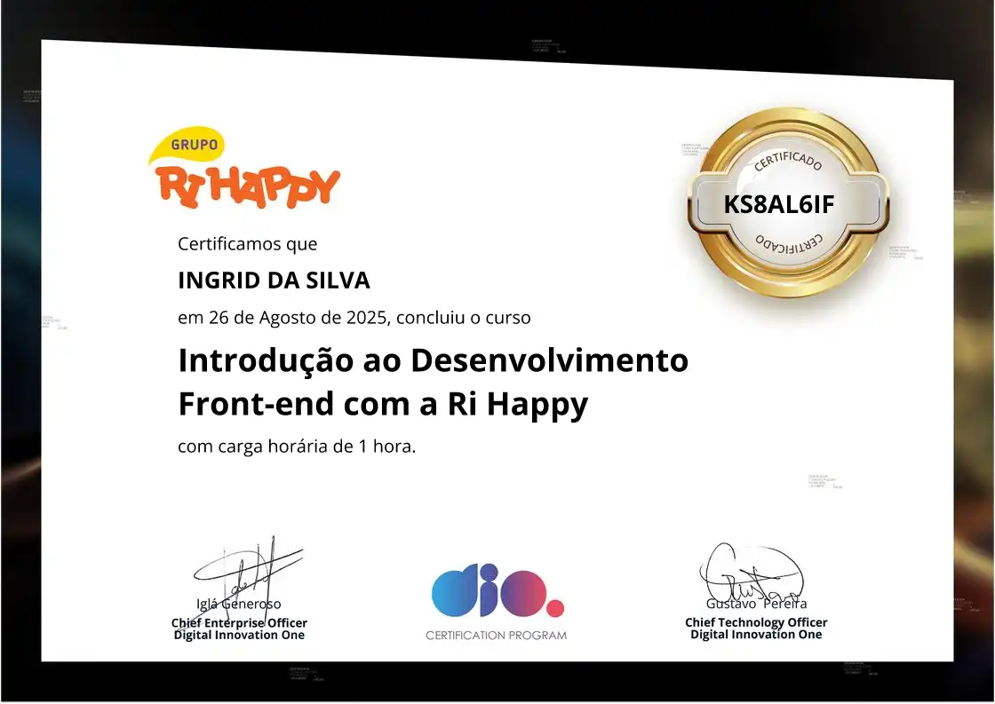 certificate of Introdução ao Desenvolvimento Front-end com a Ri Happy