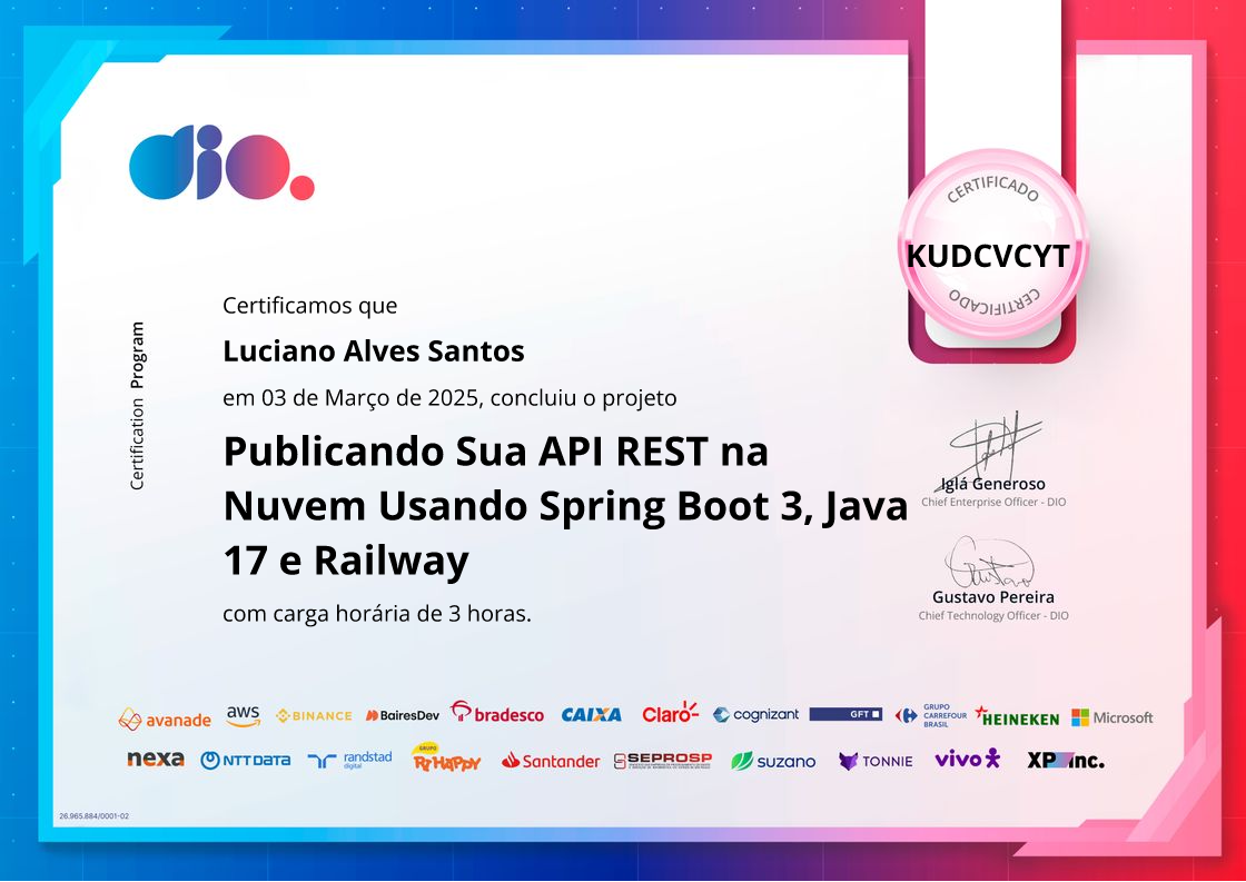 certificate of Publicando Sua API REST na Nuvem Usando Spring Boot 3, Java 17 e Railway