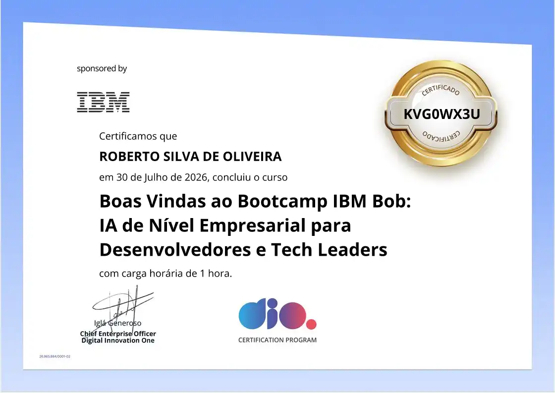 certificate of Boas Vindas ao Bootcamp IBM Bob: IA de Nível Empresarial para Desenvolvedores e Tech Leaders