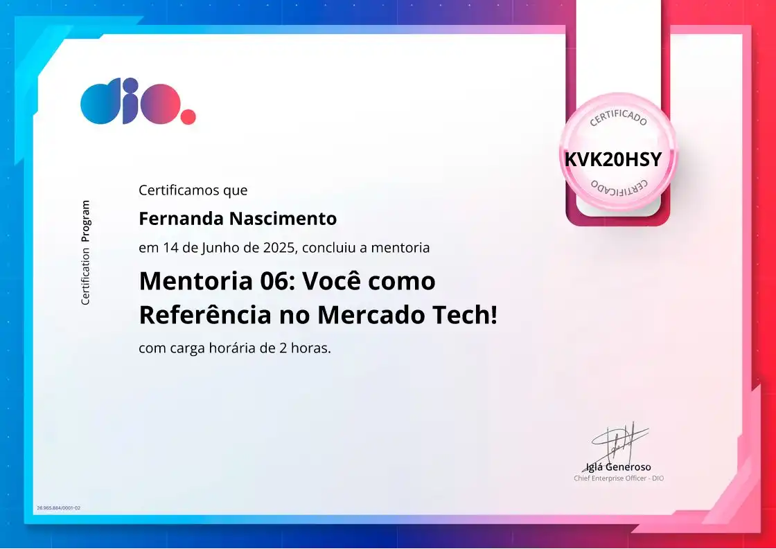 certificate of Mentoria 06: Você como Referência no Mercado Tech!