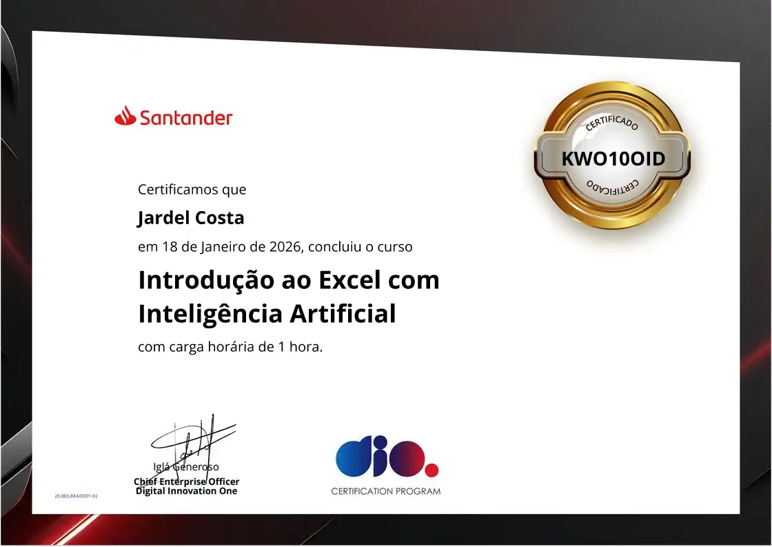 certificate of Introdução ao Excel com Inteligência Artificial